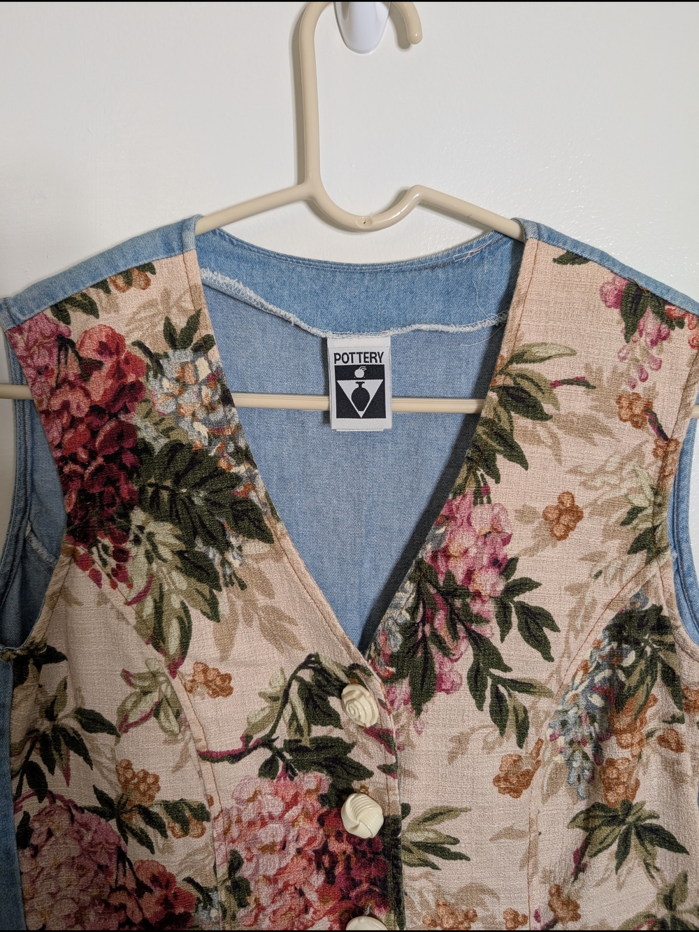 Vintage Floral Bodice Denim Midi Dress in Cream and Pink - Picture 3 of 5